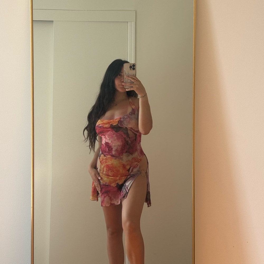 Red and Pink Floral Chemise with High Slit